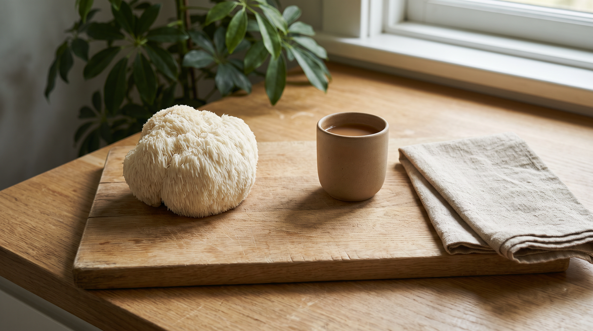 A whole white shaggy lion's mane mushroom on an oak board beside a plain ceramic cup of tea and a folded linen cloth in soft window light