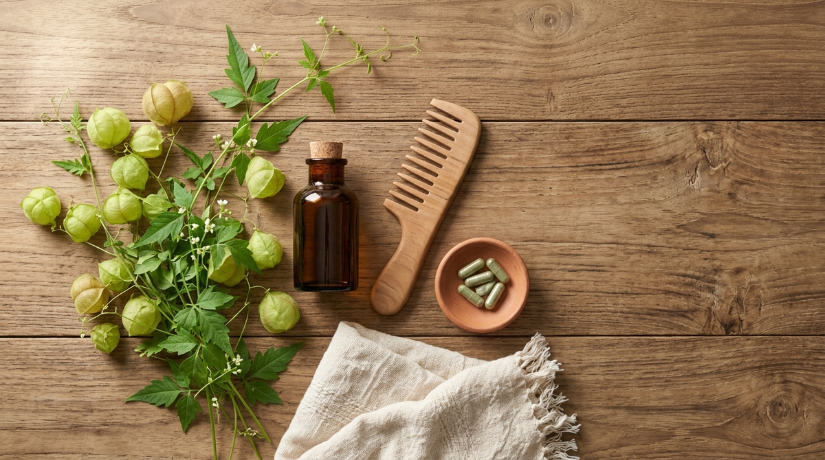 Fresh Love in a Puff vine with papery seed pods beside an amber hair oil bottle, a wooden comb, and green capsules on a teak table
