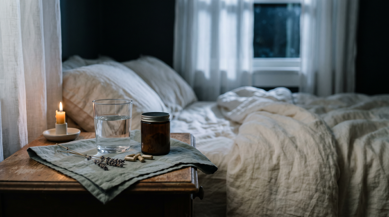 A glass of water, a plain amber jar, herbal capsules and a sprig of dried lavender on a folded linen cloth atop a bedside nightstand in the dim light before dawn