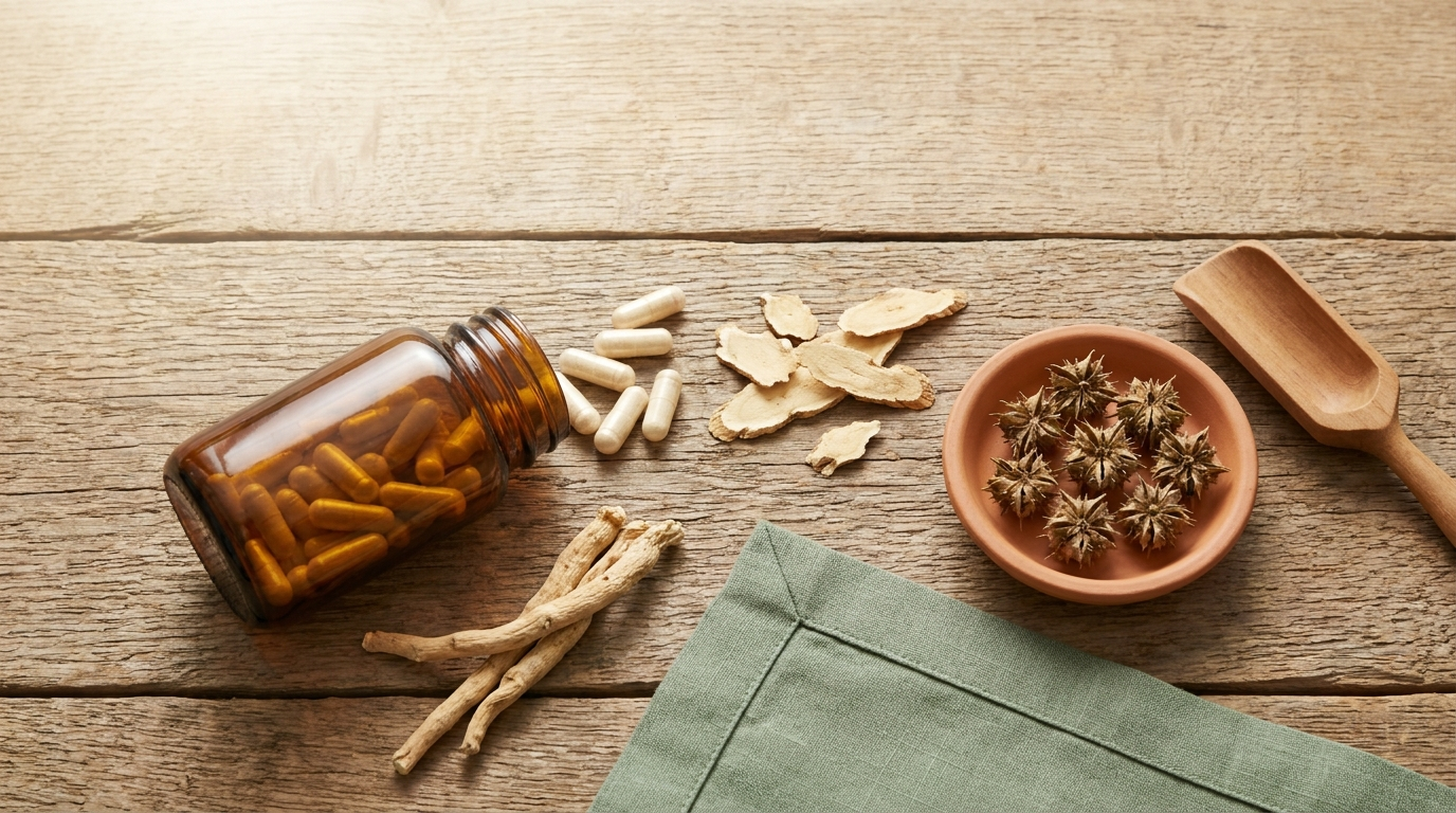 A flat-lay of three herbs for men's vitality: dried Tongkat Ali root slices, a knotted Ashwagandha root, and Tribulus seed pods around an unmarked amber capsule bottle on a raw oak counter.