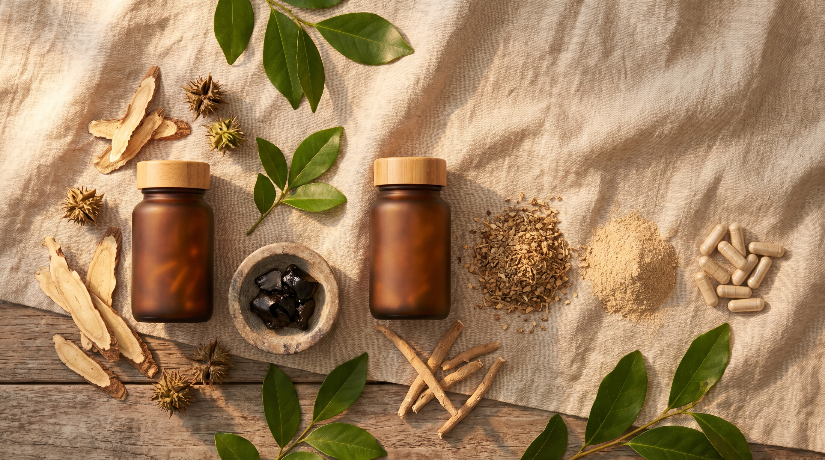 Flat lay of unlabeled amber supplement bottles with dried tongkat ali and ashwagandha root, tribulus seed pods, shilajit resin and plain capsules on linen