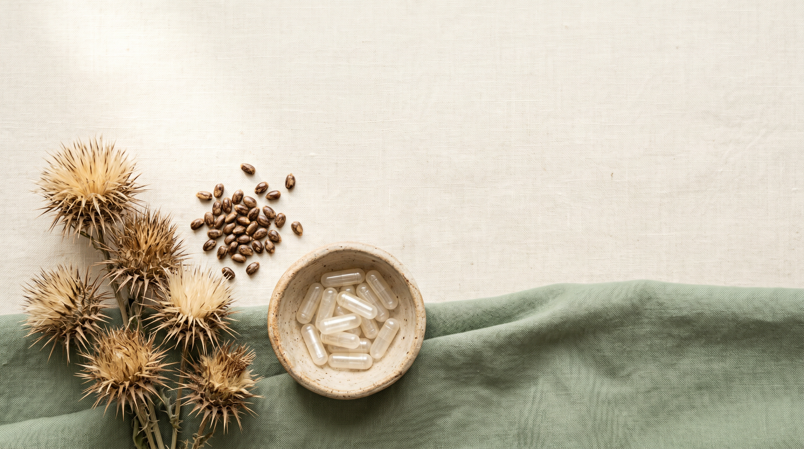 Dried milk thistle seed heads and loose seeds beside plain capsules in a small ceramic bowl on a cream surface with sage green linen.