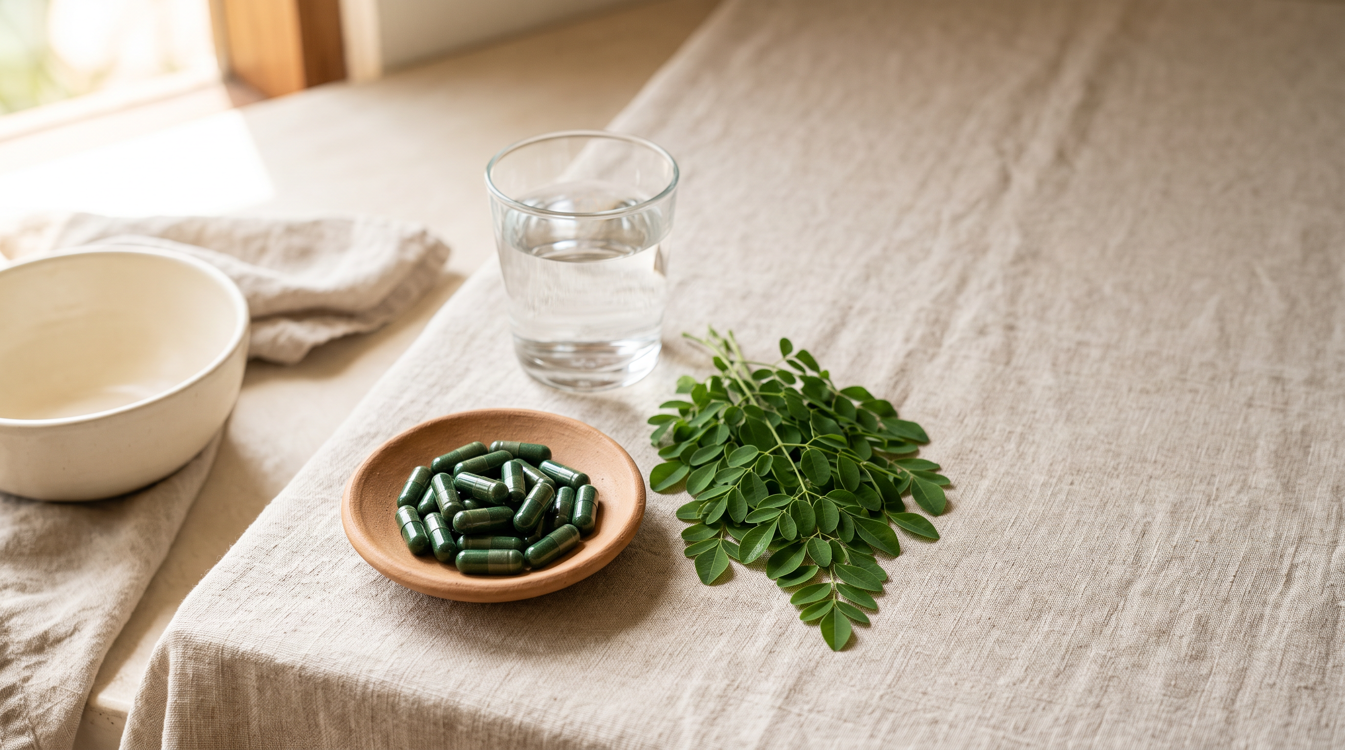 Green moringa capsules in a small clay dish beside fresh moringa leaves and a glass of water on a linen-covered morning table