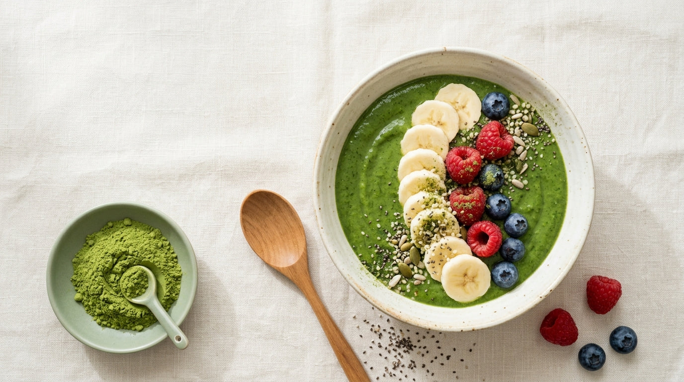 Overhead flat-lay of a green moringa smoothie bowl topped with banana, berries, and seeds beside a dish of moringa powder