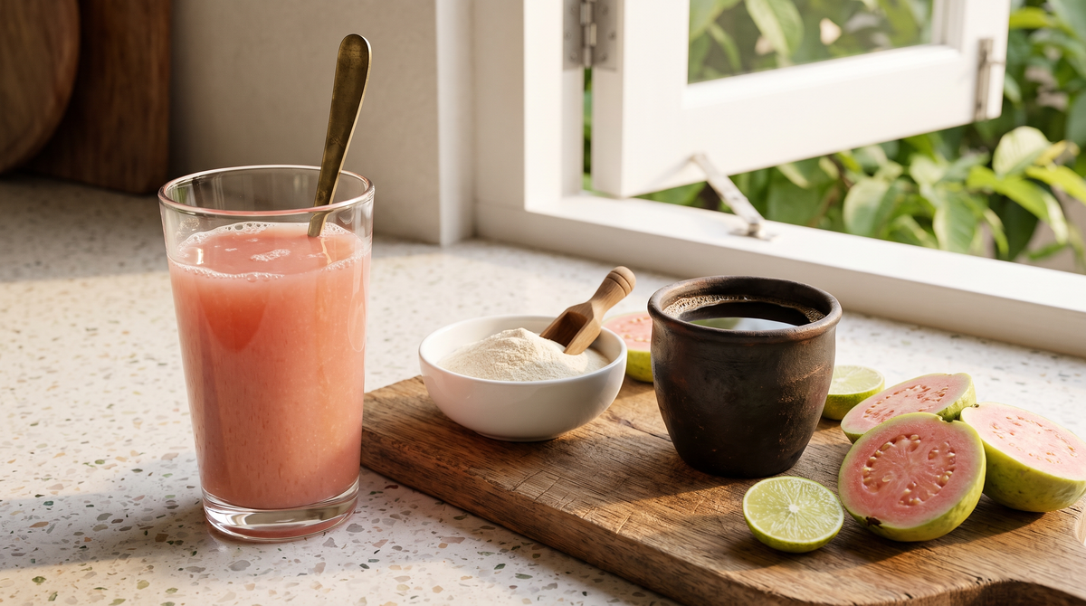 A glass of pink guava juice with a brass spoon beside a bowl of collagen powder, a clay cup of black coffee, halved guavas and lime on a sunlit kitchen counter