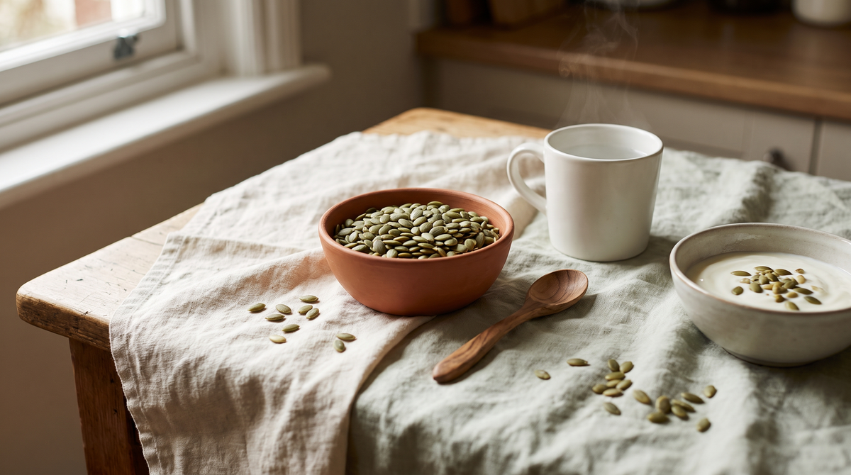 Clay bowl of raw pumpkin seeds beside a cup of warm water and a bowl of yoghurt on a linen cloth in morning light
