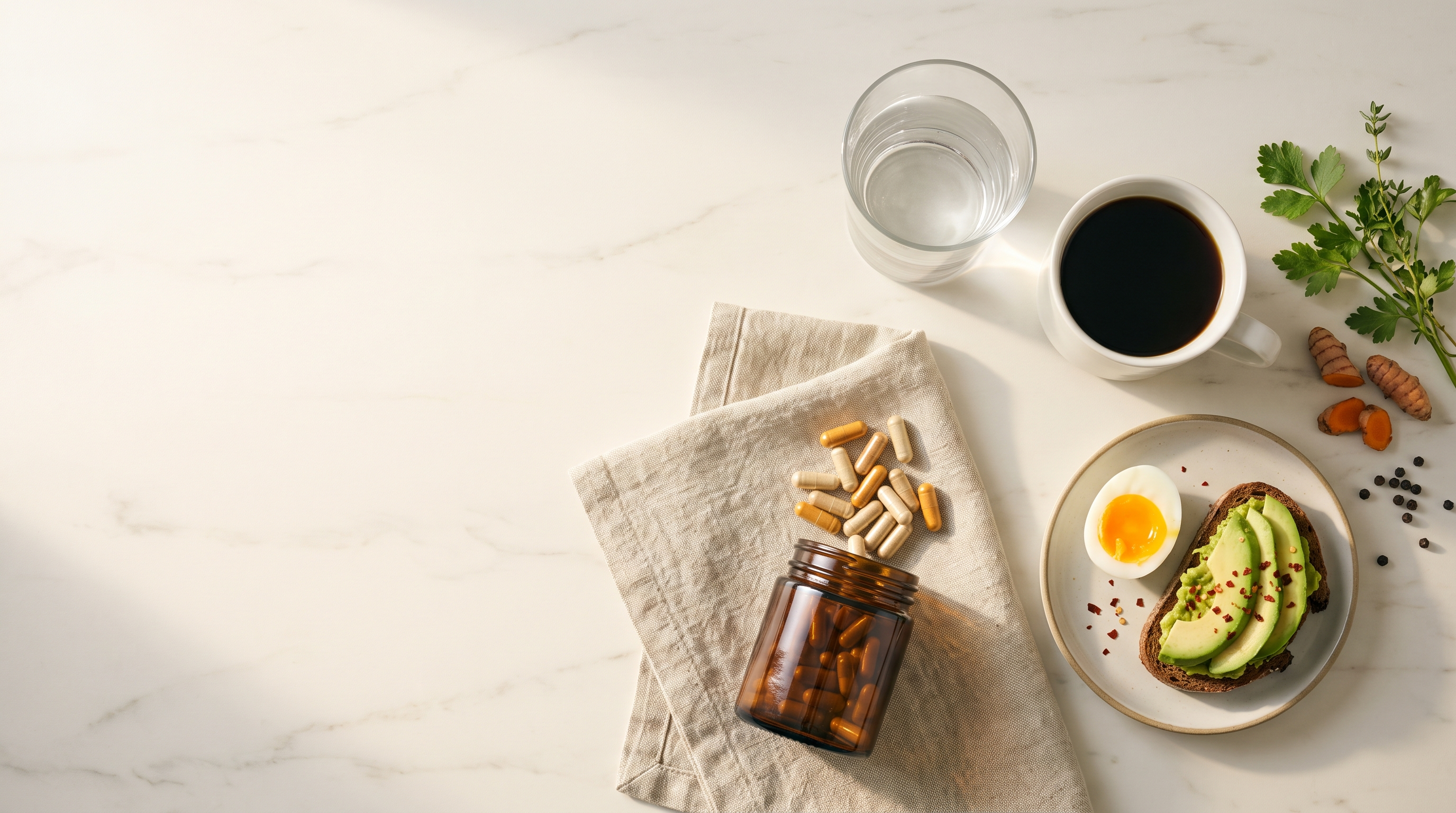 Overhead flat-lay of a morning supplement routine on a marble counter: capsules spilling from an unlabelled amber jar onto linen, a glass of water, black coffee, avocado toast with a boiled egg, and fresh turmeric root