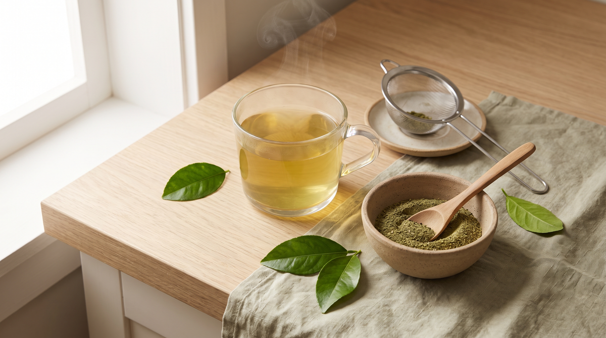 A glass cup of warm golden-green herbal tea beside a clay bowl of fine green leaf powder, a wooden spoon and a small tea strainer on a pale oak counter in morning light