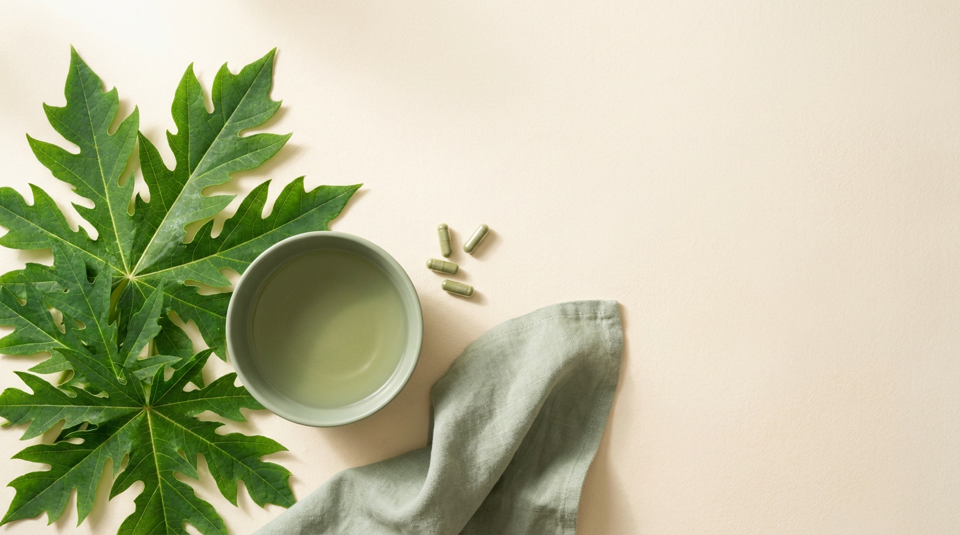 Fresh green papaya leaves beside a sage ceramic bowl of pale green herbal juice and a few green capsules on a cream surface.
