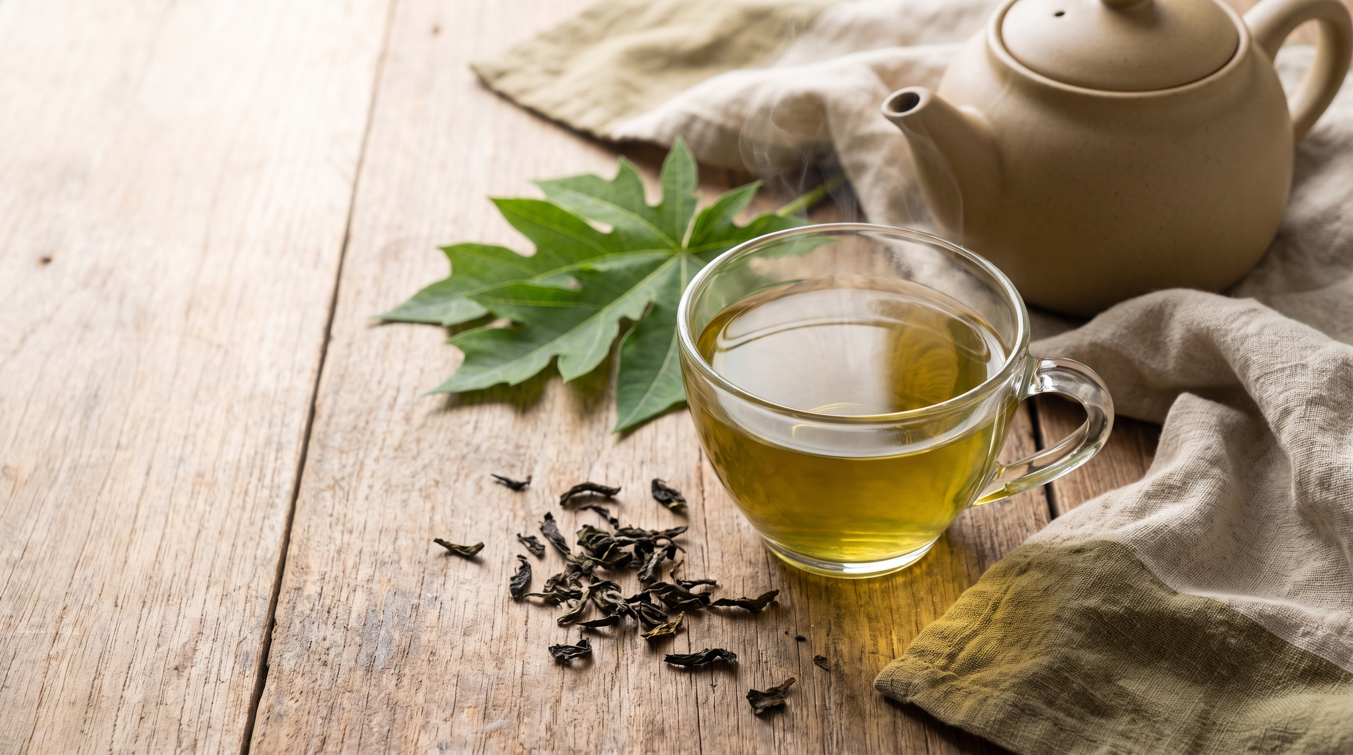 A clear glass cup of golden-green papaya leaf tea steaming on a rustic wooden table beside a fresh papaya leaf and a ceramic teapot