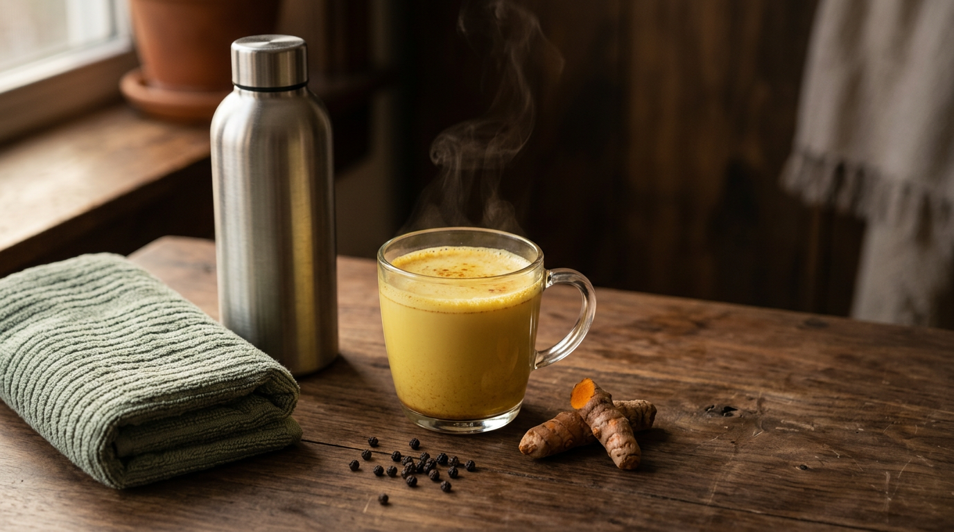 A glass mug of warm golden turmeric milk with steam rising, beside a stainless steel water bottle, a folded sage-green gym towel, fresh turmeric root, and black peppercorns on a dark wooden surface.