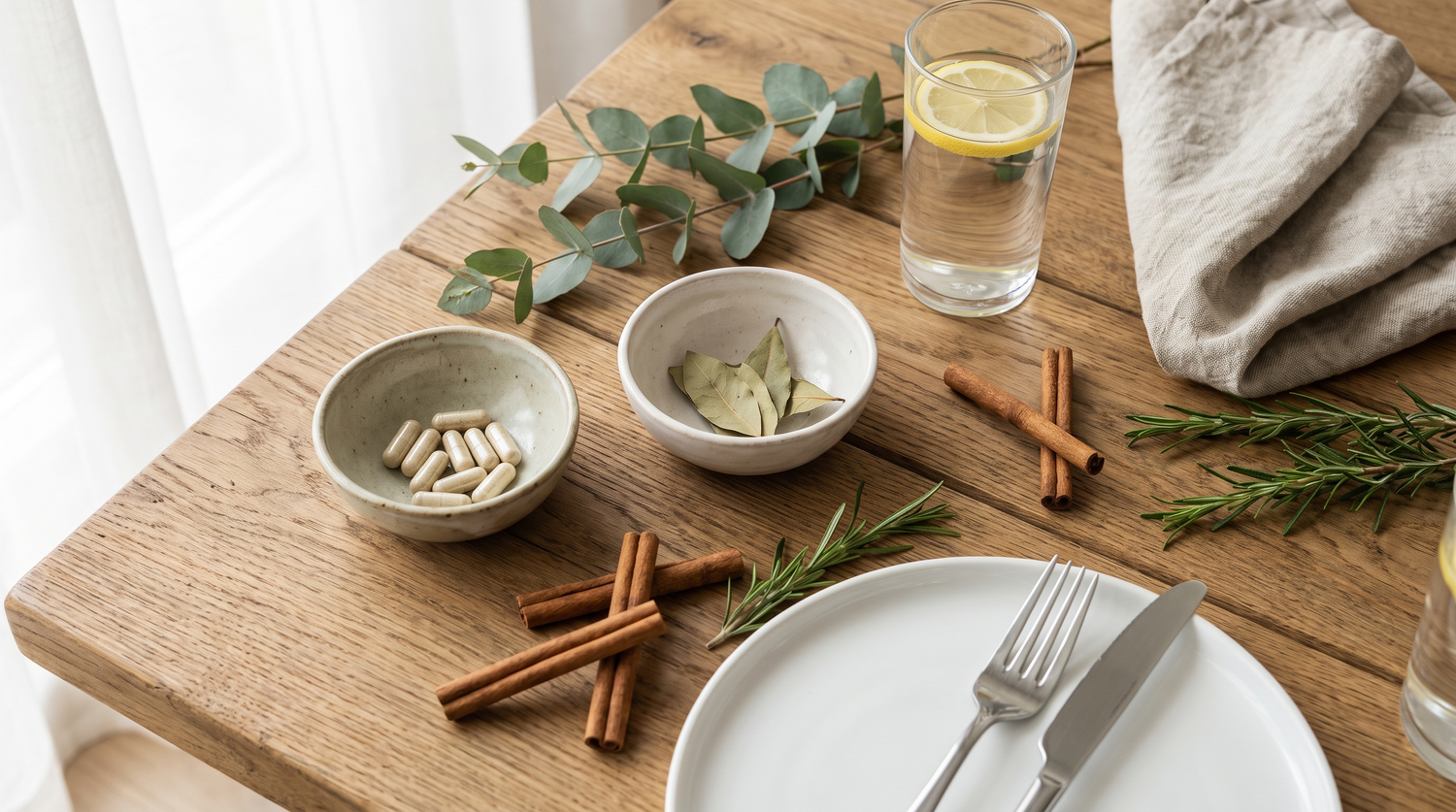 A calm pre-meal wellness ritual on a wooden table: herbal capsules in a ceramic dish, lemon water, Ceylon cinnamon sticks, fresh herbs, and a set plate with cutlery