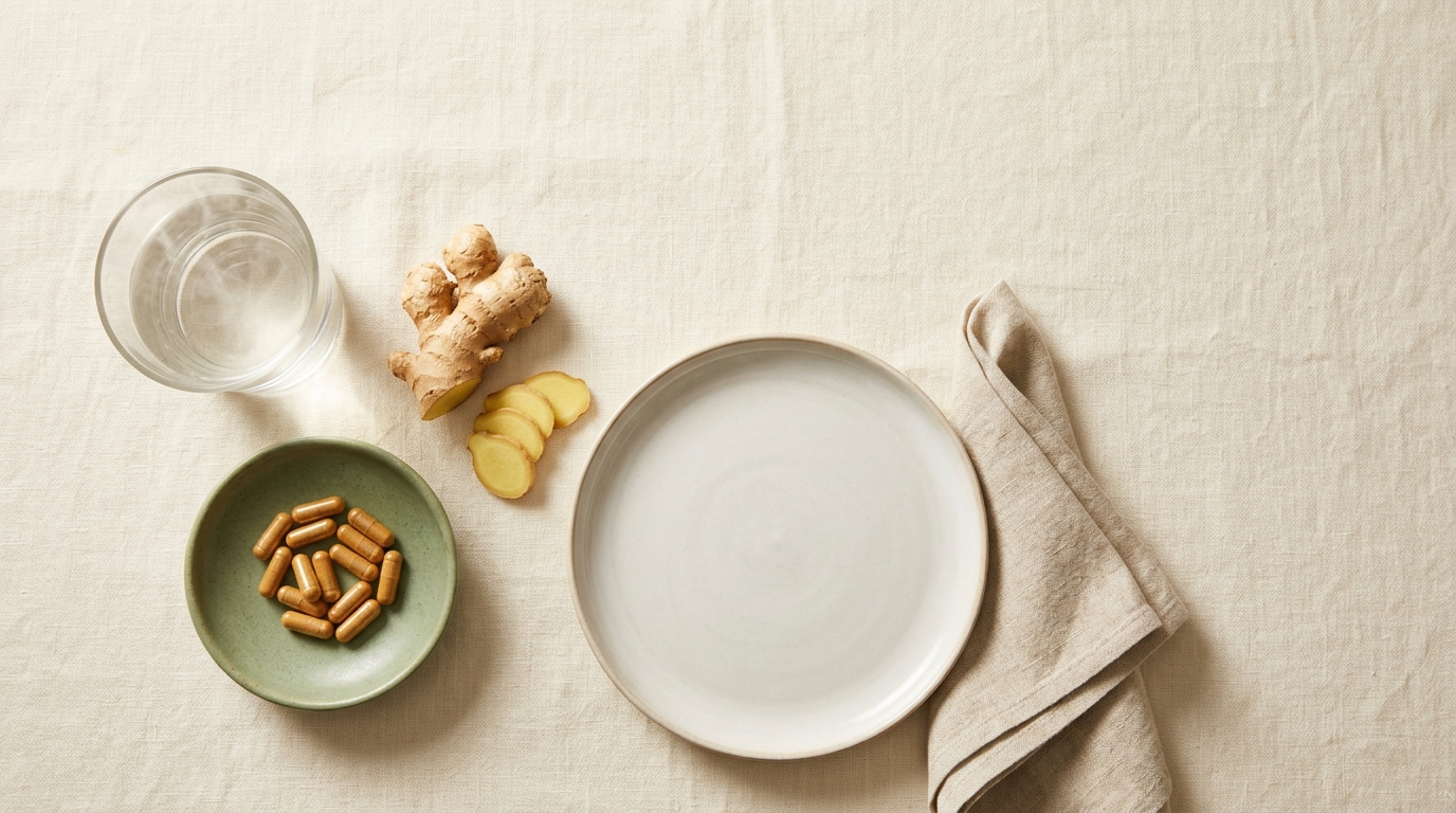 A glass of warm water, fresh ginger slices, herbal capsules, and an empty plate set for a calm pre-meal ritual on cream linen