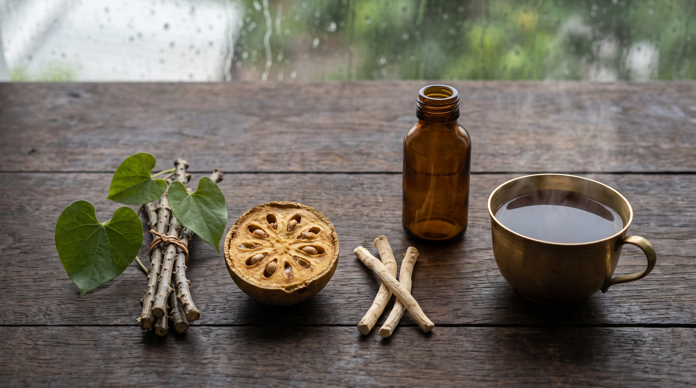 Sri Lankan Ayurvedic herbs for monsoon immunity: Guduchi vine with heart-shaped leaves, a halved bael fruit, dried iramusu roots, an amber bottle, and a brass cup of herbal tea on a wooden table by a rain-streaked window