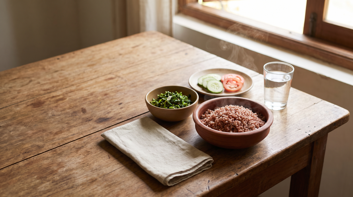 A rustic wooden table by a sunlit window set with a bowl of red rice, steamed greens, sliced cucumber and tomato, and a glass of water