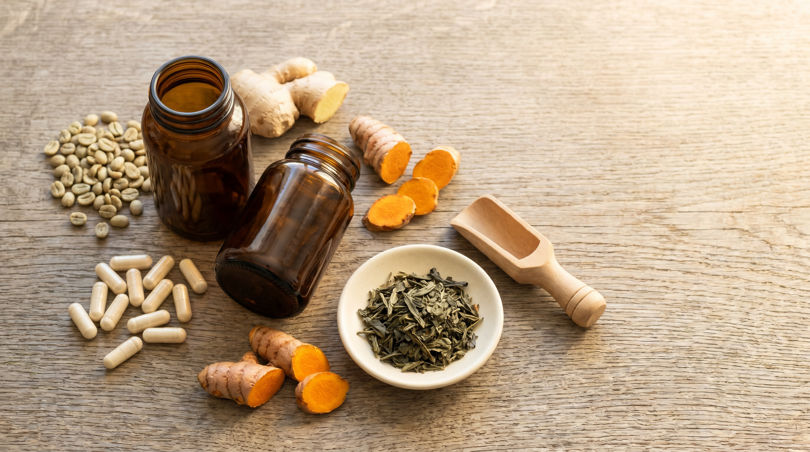An overhead flat-lay of two plain amber glass capsule bottles with cream capsules spilled beside them, surrounded by green coffee beans, fresh ginger and turmeric root, and a dish of dried green tea leaves on a warm oak surface.