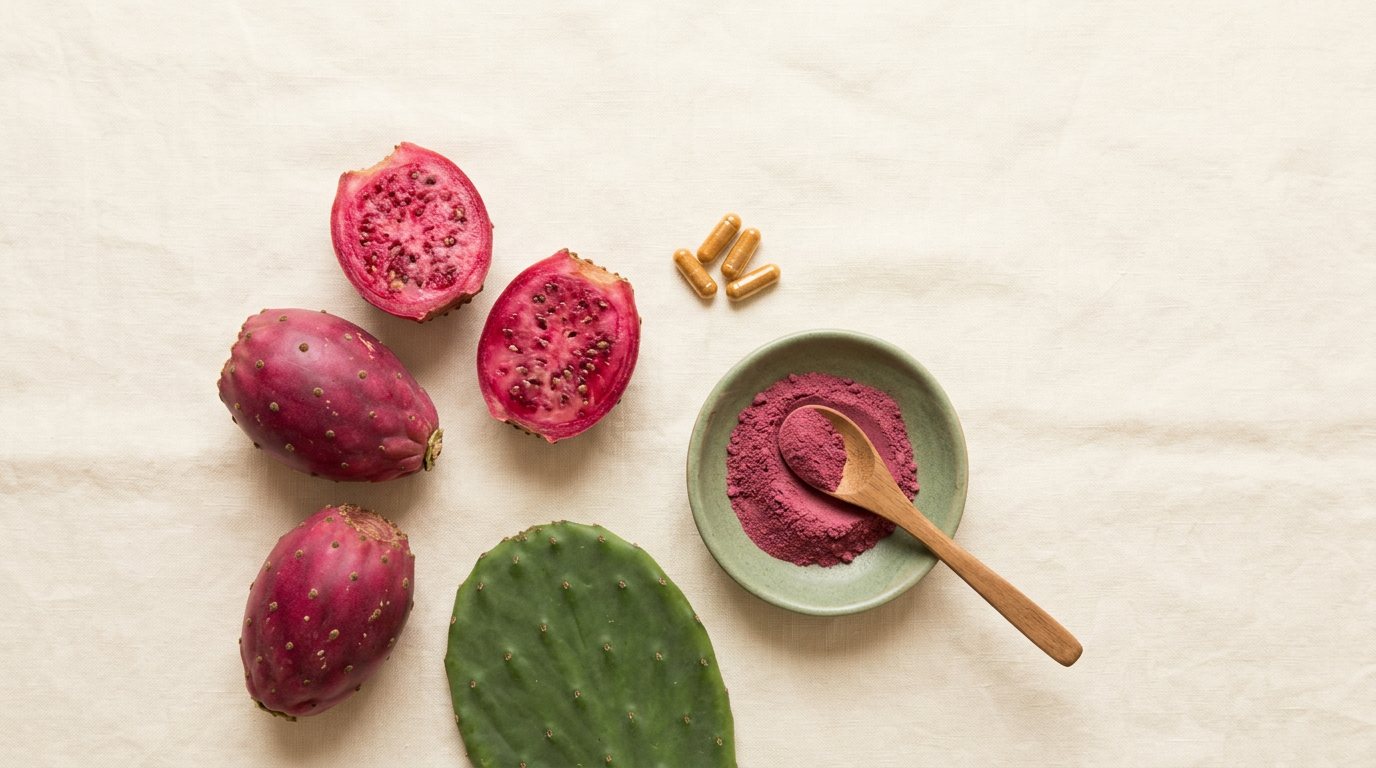 Overhead flat-lay of magenta prickly pear fruits, a green cactus pad, a sage dish of pink prickly pear powder, a wooden spoon, and amber capsules on cream linen