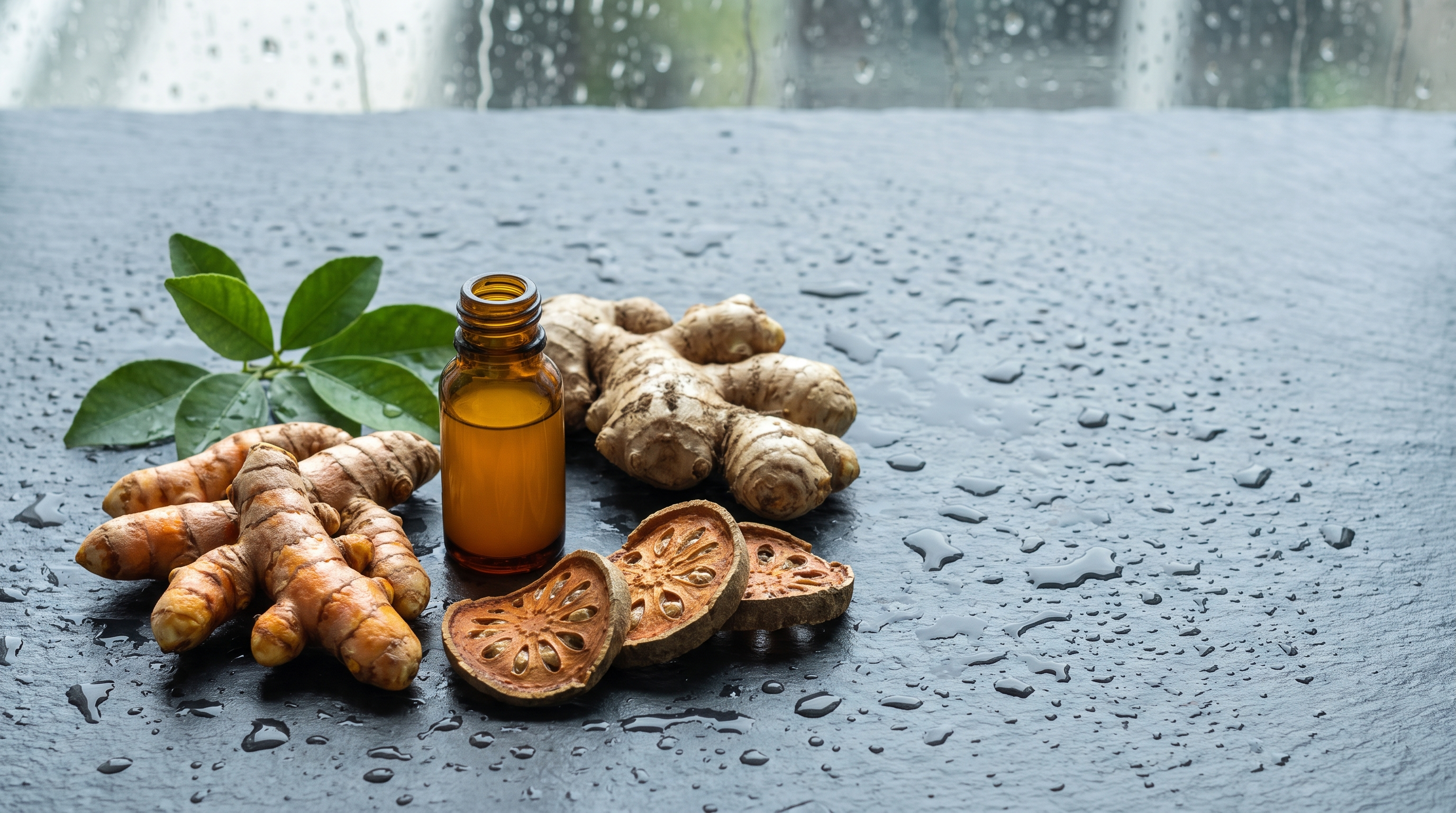 Fresh turmeric root, ginger and dried bael slices beside a plain amber shot bottle on wet slate, with monsoon rain on the window behind