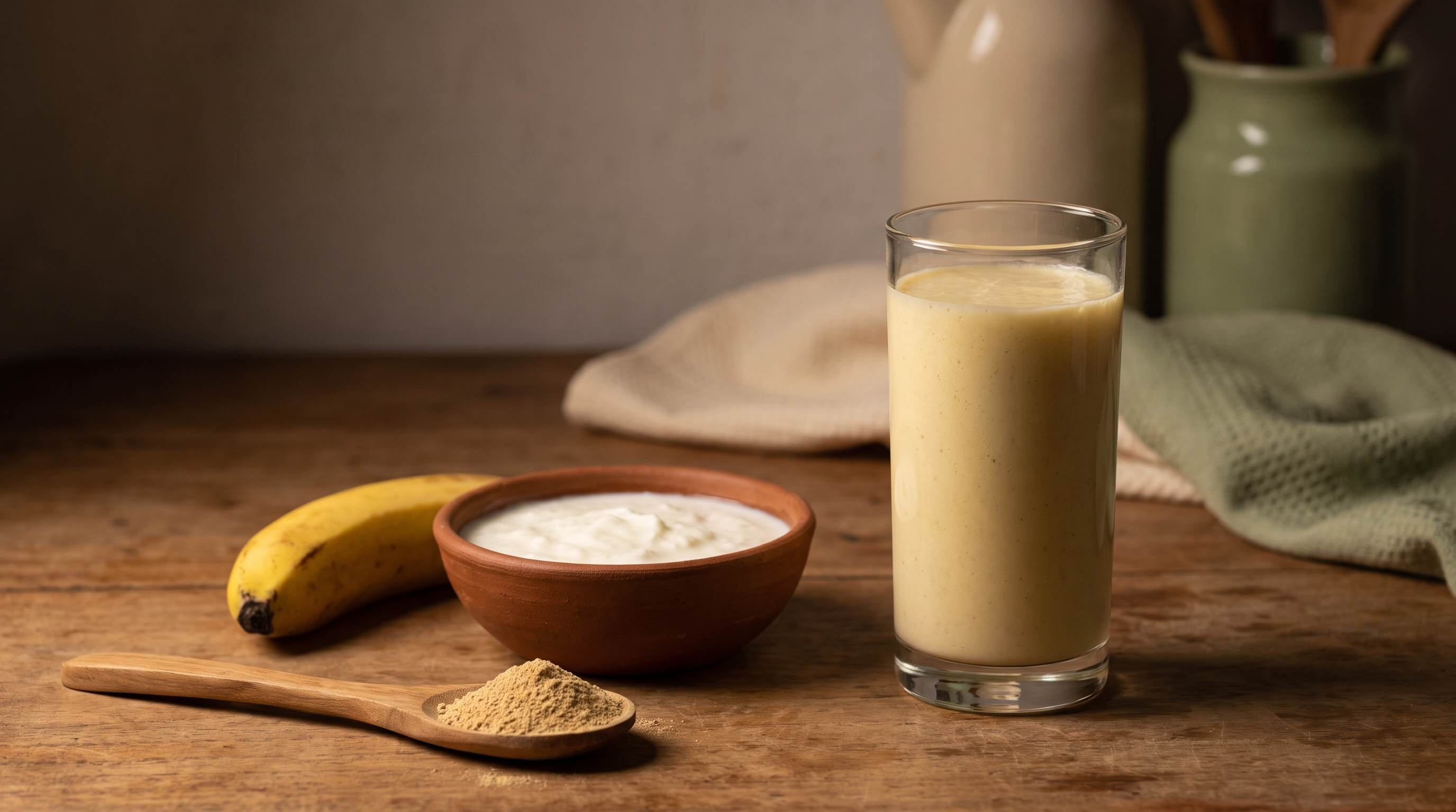 A banana and curd recovery smoothie in a tall glass beside curd, a banana, and a spoon of Ashwagandha powder on a wooden kitchen counter