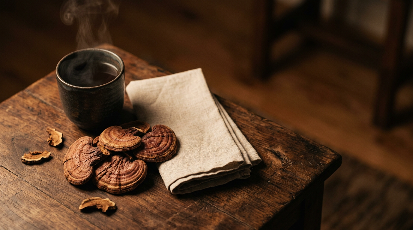 Dried reishi mushroom slices beside a dark cup of warm reishi tea on a wood table in evening light