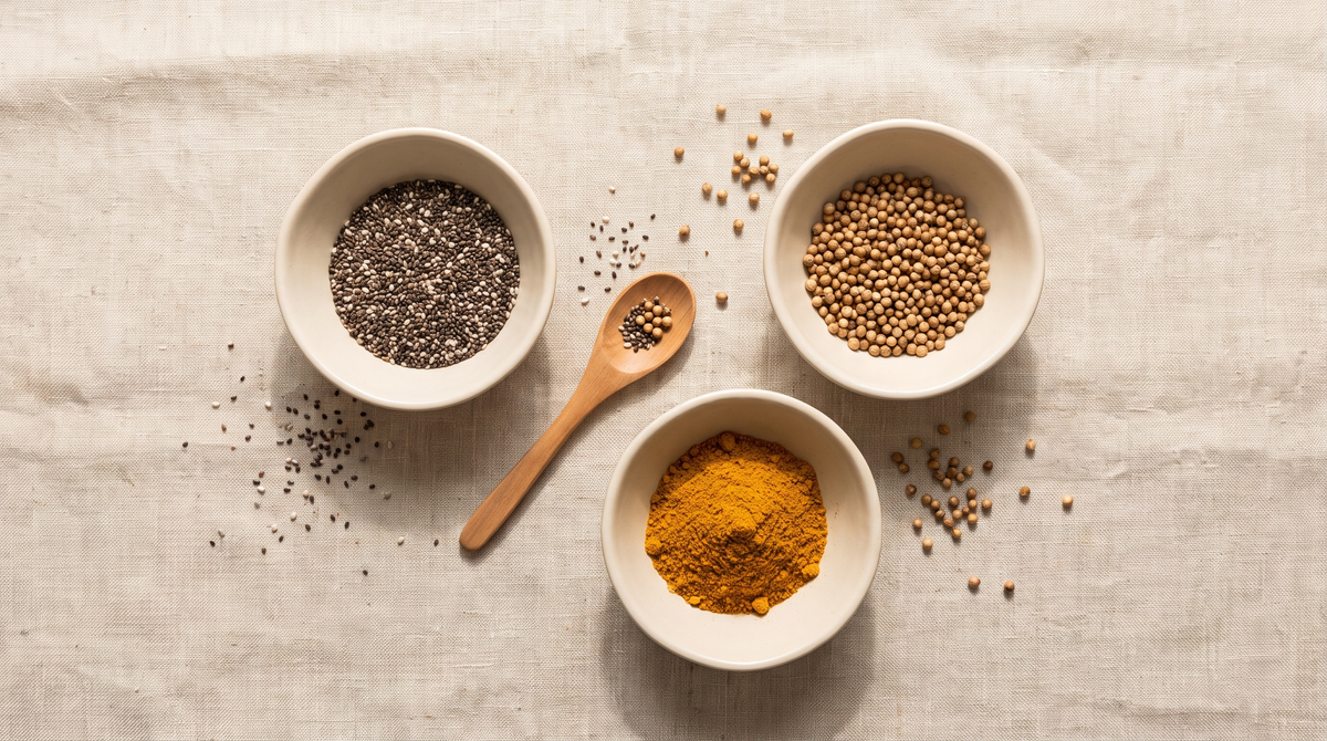 Three plain ceramic bowls on linen holding whole chia seeds, whole coriander seeds and ground turmeric-orange spice powder