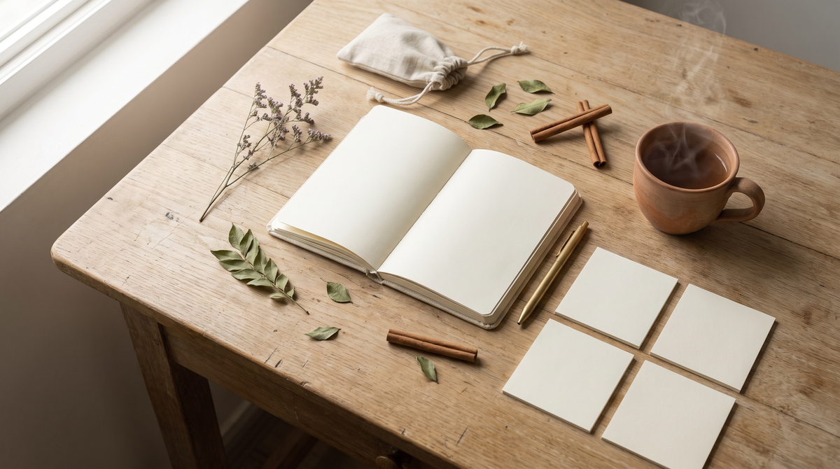 Overhead view of a wooden desk with a blank open notebook, a clay tea cup, dried herb leaves, cinnamon quills and blank cream cards, in soft morning light