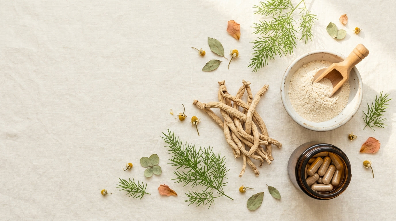 Top-down flat-lay of dried Shatavari (Asparagus racemosus) roots, root powder in a ceramic bowl, and unlabeled herbal capsules on cream linen