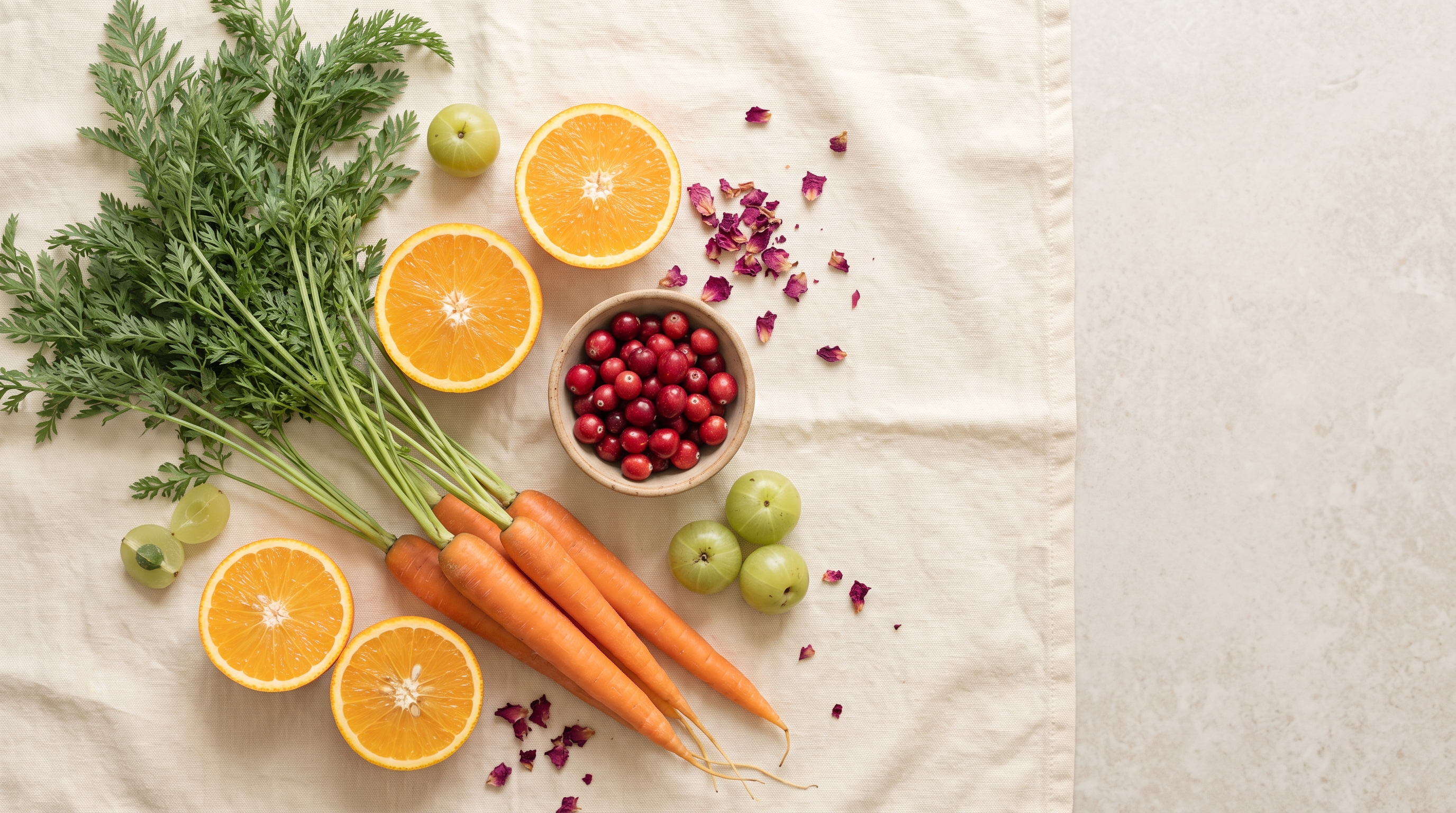 Overhead flat-lay of carrots with green tops, halved oranges, amla fruits and red berries on cream linen