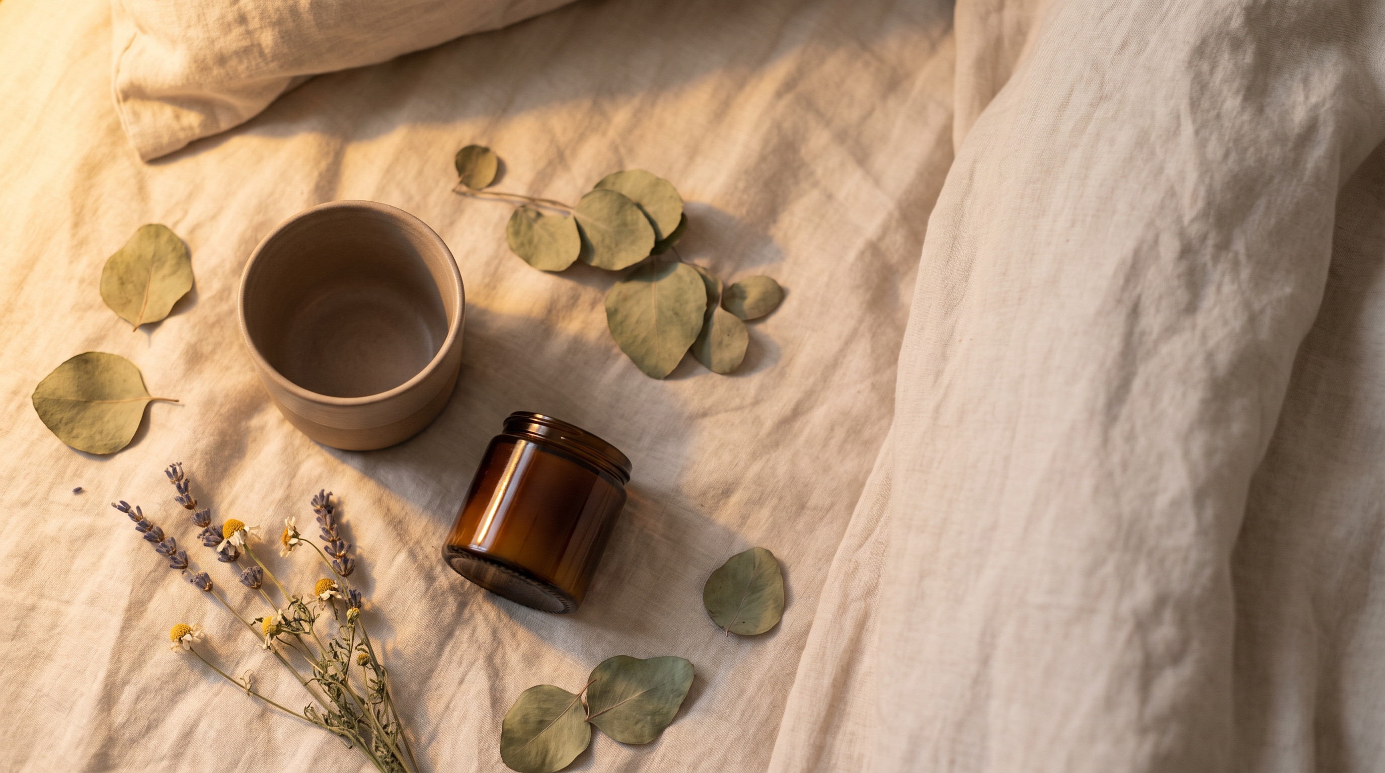 Overhead flat-lay of rumpled linen bedding at night with a stoneware cup, an unlabeled amber glass jar and dried botanicals in warm lamplight
