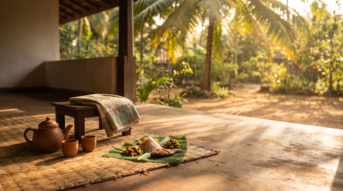 Clay teapot, two cups and a banana-leaf meal on a woven mat on a sunlit Sri Lankan veranda