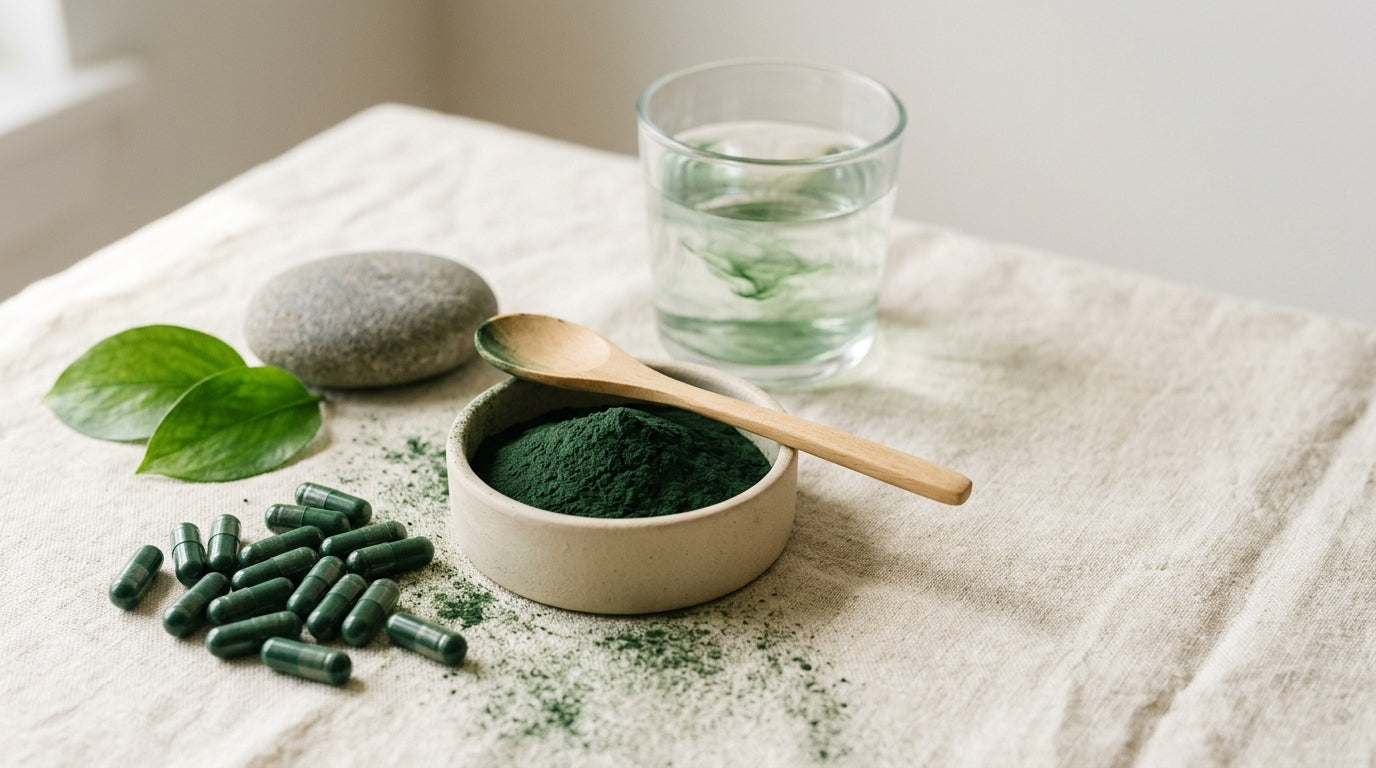A cream ceramic dish of deep green spirulina powder with a wooden spoon, scattered green spirulina capsules, fresh leaves, a smooth stone, and a glass of water with a green swirl on a linen cloth