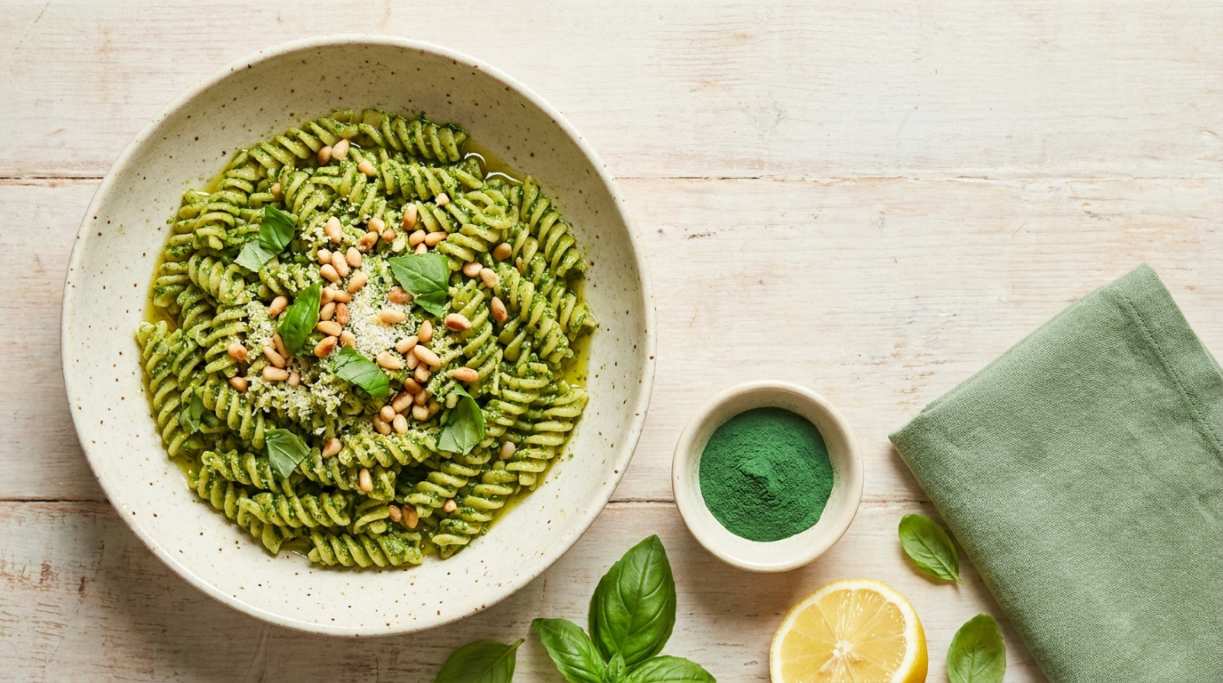 A bowl of vibrant green spirulina pesto fusilli topped with toasted pine nuts and fresh basil, beside a small dish of bright green spirulina powder, a halved lemon, and a sage linen napkin on a pale wooden table.
