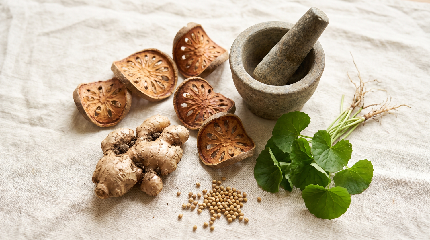 Sri Lankan gut herbs still life with dried beli fruit slices, ginger root, gotukola leaves, coriander seeds and a stone mortar and pestle