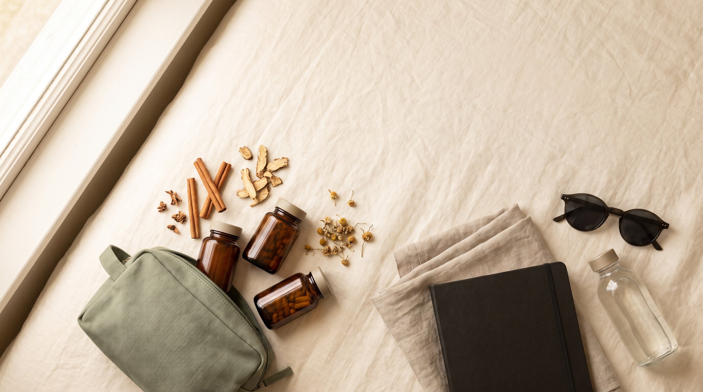 A flat-lay of a travellers natural wellness kit: a sage green pouch, three unlabeled amber capsule bottles, dried cinnamon and herbs, a notebook, sunglasses, and a water bottle on a cream linen surface.