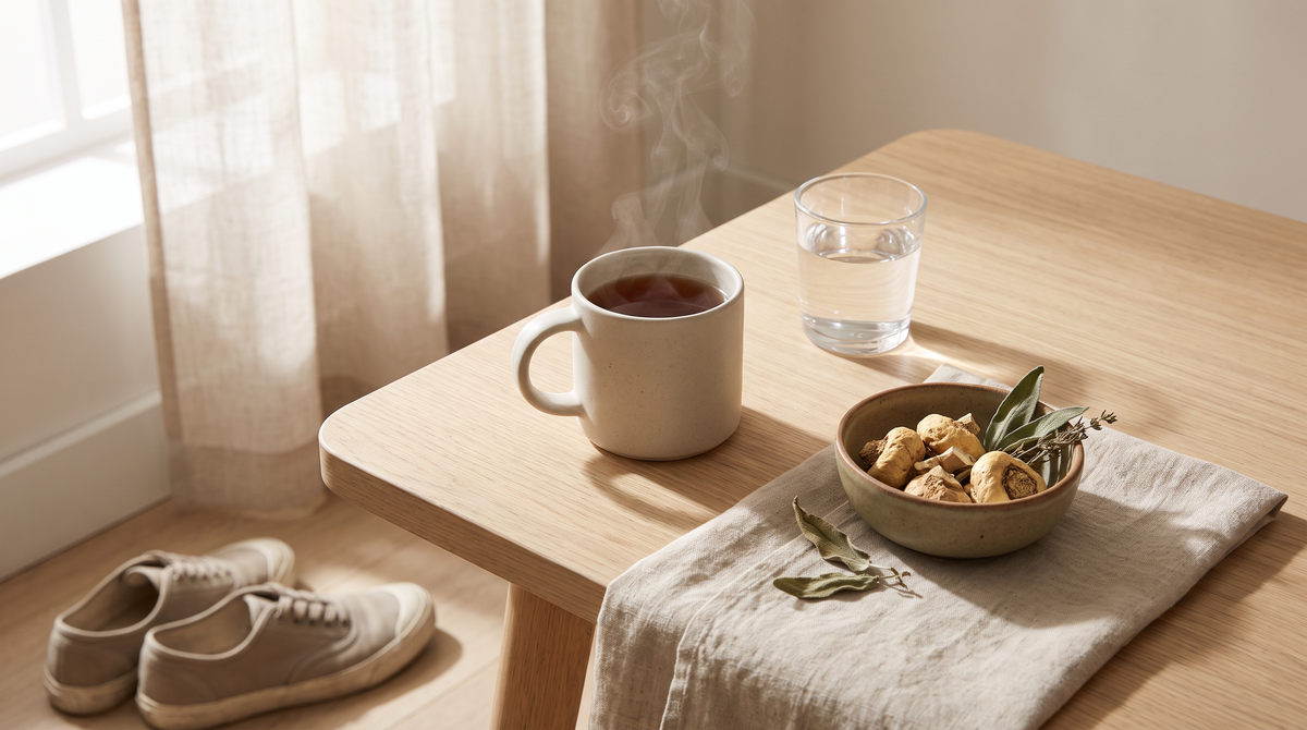 Morning table by a sunlit window with a cup of tea, a glass of water, a bowl of whole maca root pieces and plain walking shoes nearby