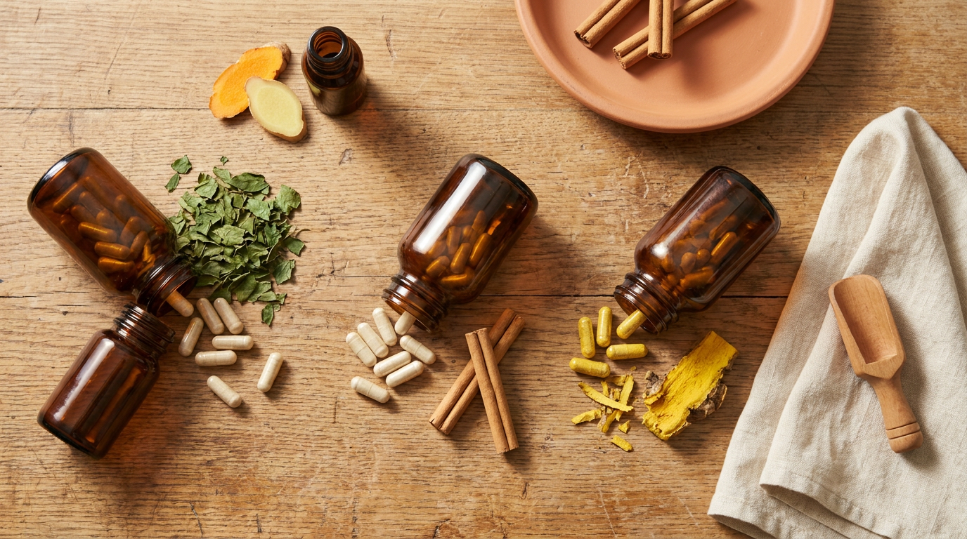 Three plain amber glass apothecary bottles spill cream capsules on an oak counter, beside fresh Gurmar leaves, Ceylon cinnamon quills, bright yellow Venivel root shavings, a small Shield Shot bottle and turmeric and ginger slices.