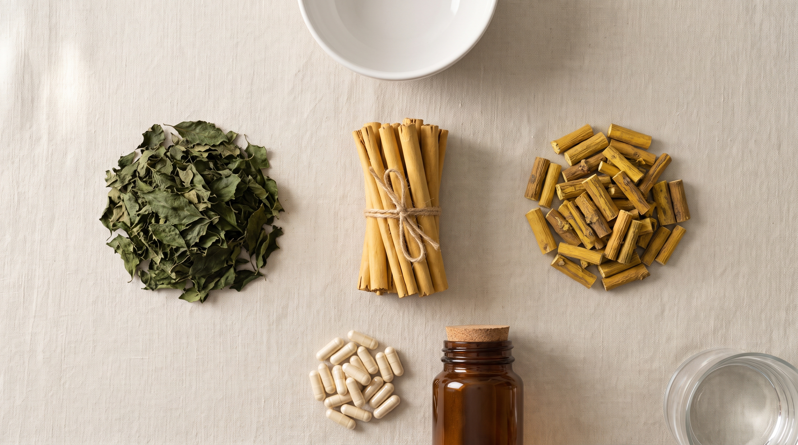 Flat-lay of dried Gymnema leaves, Ceylon cinnamon quills and Venivel stem pieces beside plain capsules on cream linen