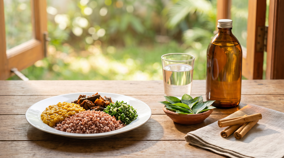 A Sri Lankan lunch plate of red rice and vegetable curries beside a glass of water, a clay dish of fresh gymnema leaves, Ceylon cinnamon quills and a plain amber bottle by a sunlit window