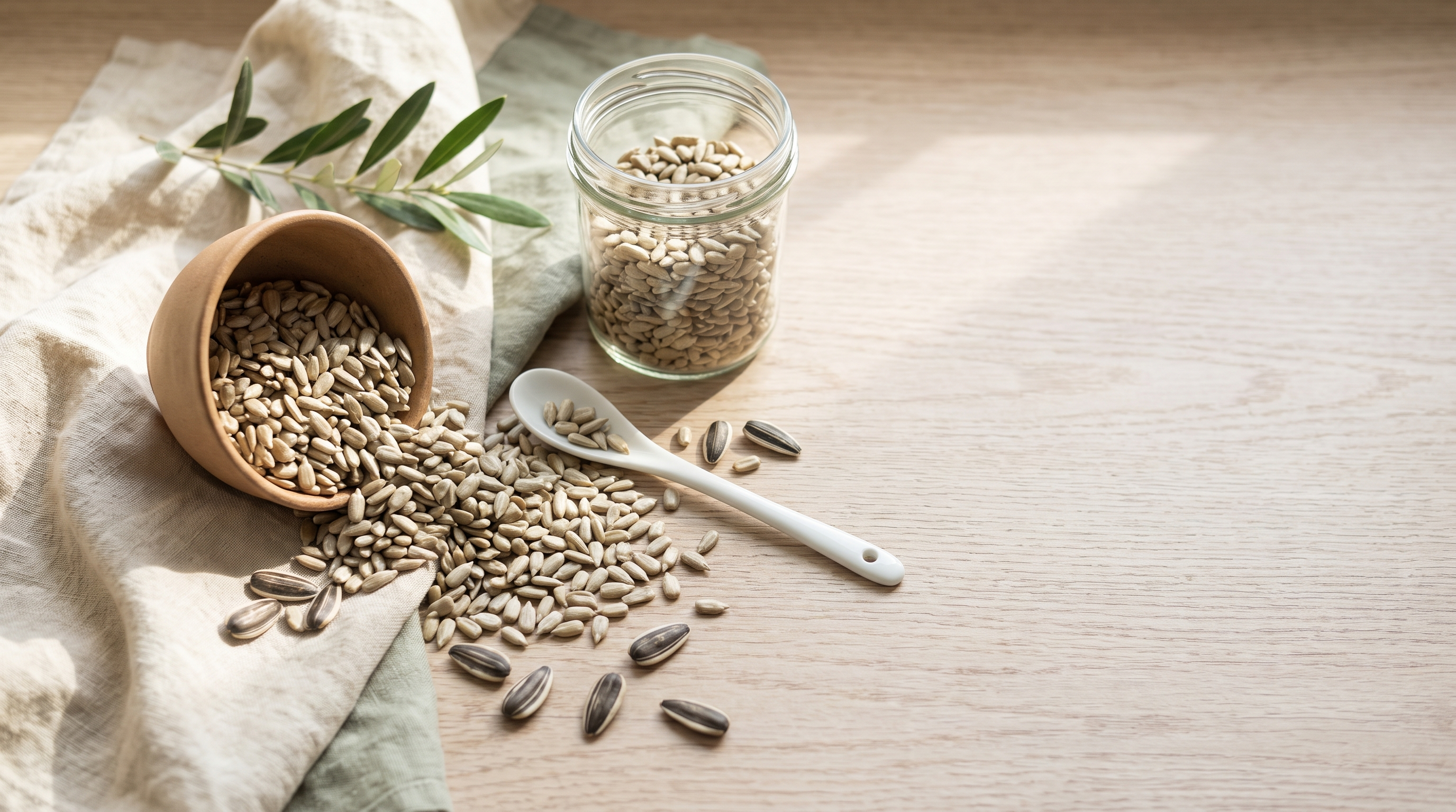 Shelled sunflower seed kernels spilling from a plain ceramic bowl onto a pale wooden counter beside a glass jar of seeds