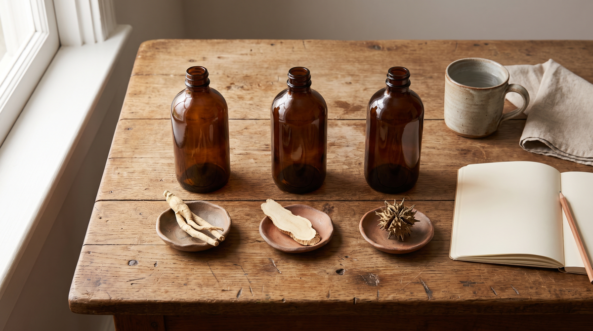 Three plain amber bottles on an oak table, each in front of a clay dish holding an ashwagandha root, a tongkat ali root slice and a tribulus fruit, beside a blank notebook