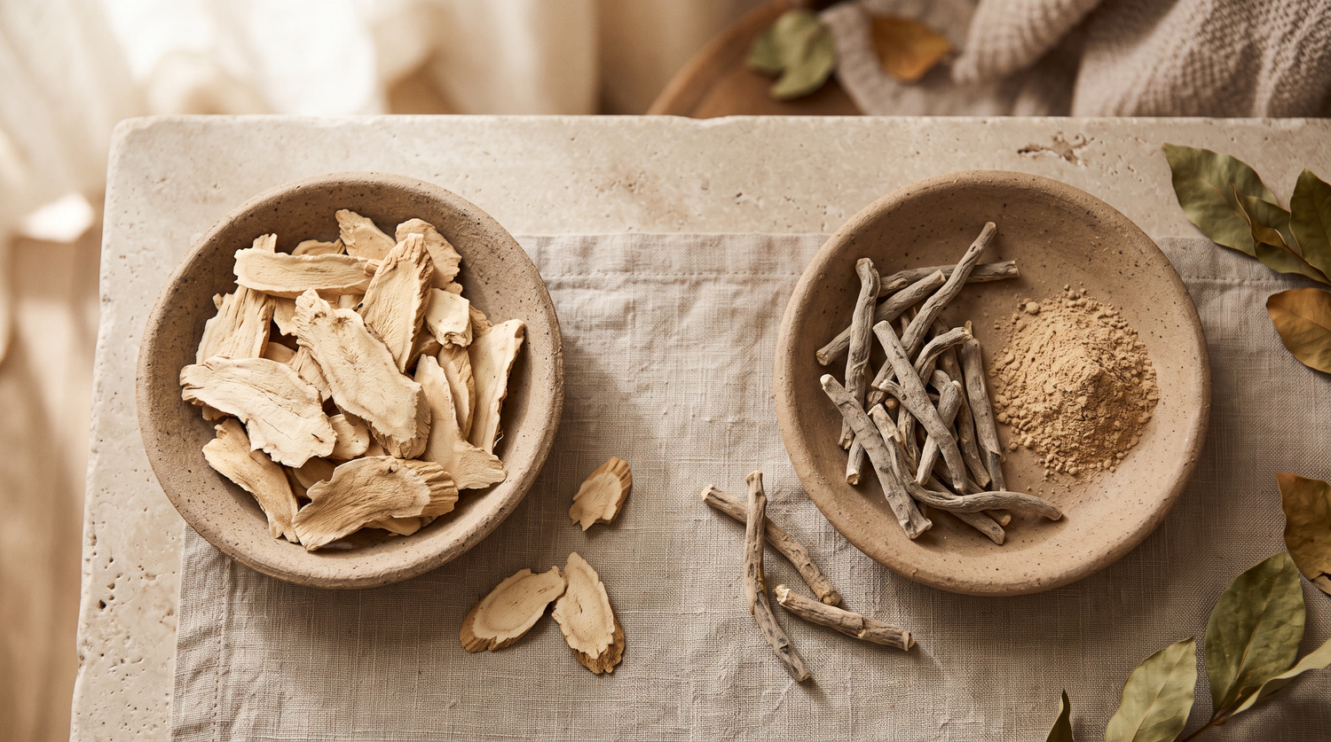 Dried tongkat ali root slices and ashwagandha root pieces with root powder in two plain clay dishes on a linen covered stone table
