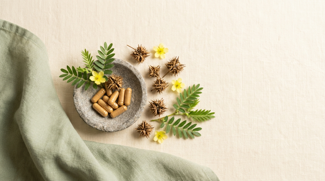 An overhead flat-lay of dried Tribulus seed pods, small yellow Tribulus flowers, green foliage, and plain herbal capsules in a stone dish on cream linen.