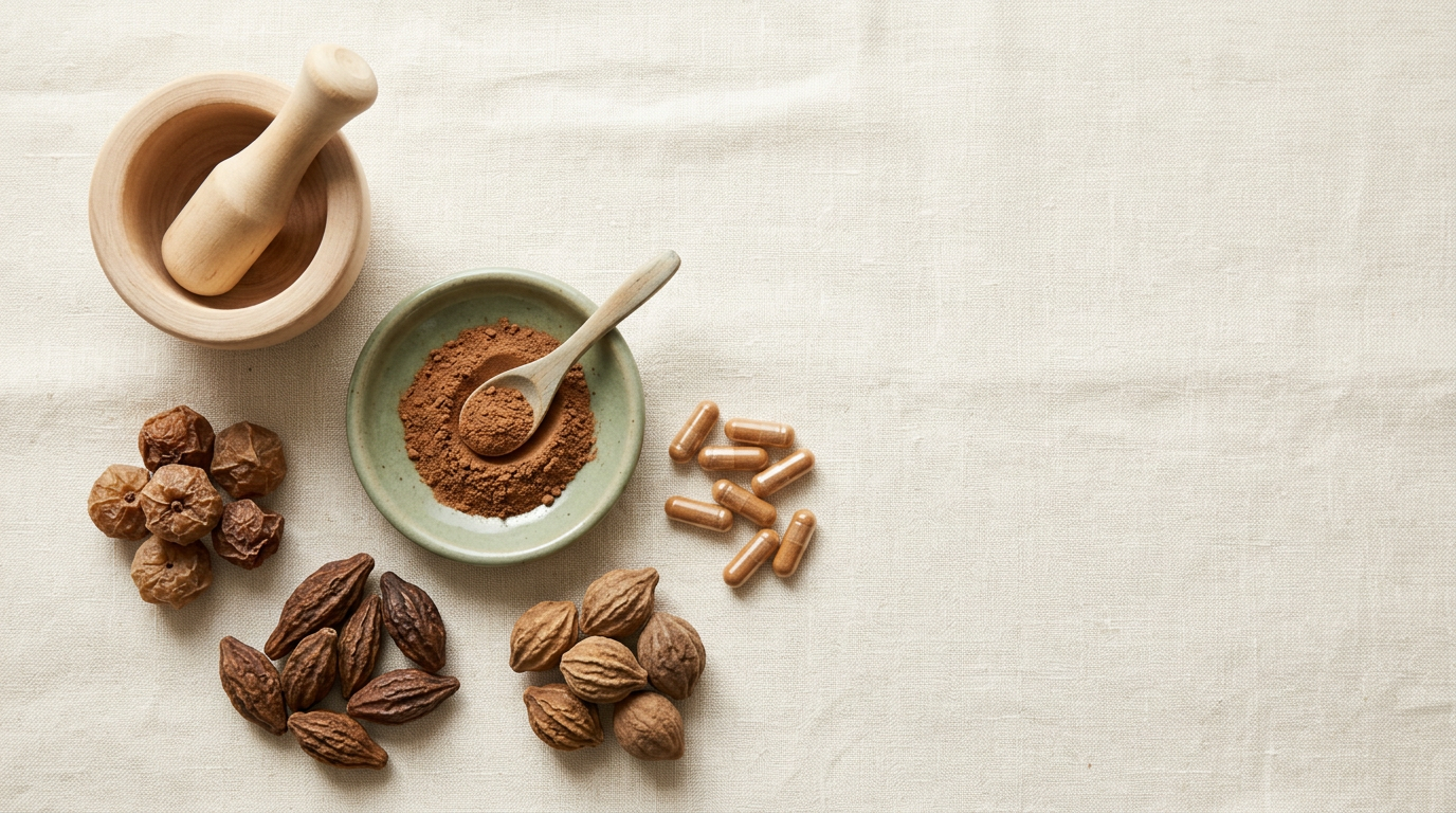 Triphala three-fruit Ayurvedic blend with dried amalaki, bibhitaki and haritaki fruits, a dish of Triphala powder, mortar and pestle, and capsules on cream linen