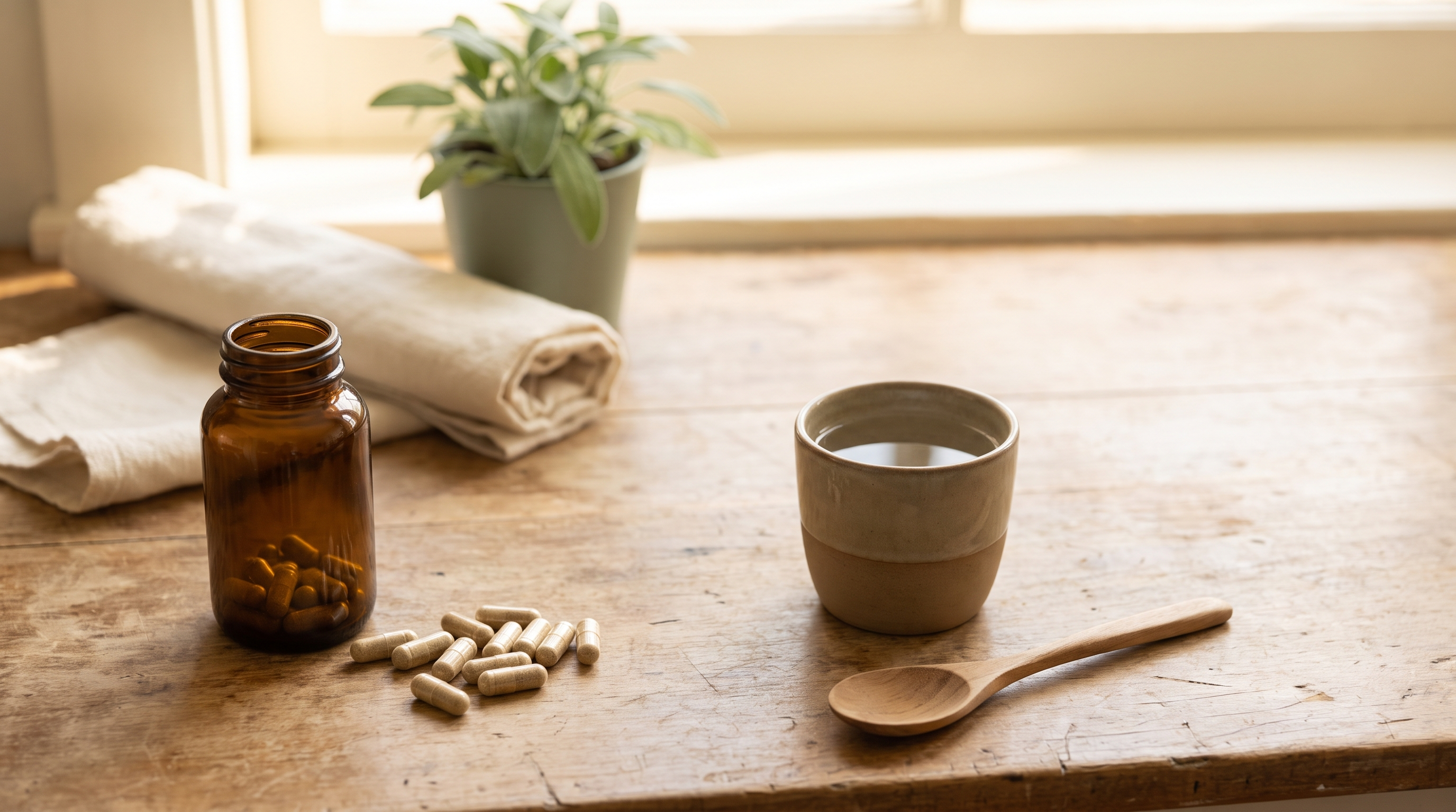 A calm morning flat lay of Triphala capsules beside a glass of water on a wooden kitchen counter