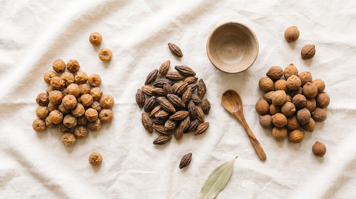 Three piles of dried amla, haritaki and bibhitaki fruits on cream linen beside a small ceramic bowl and wooden spoon