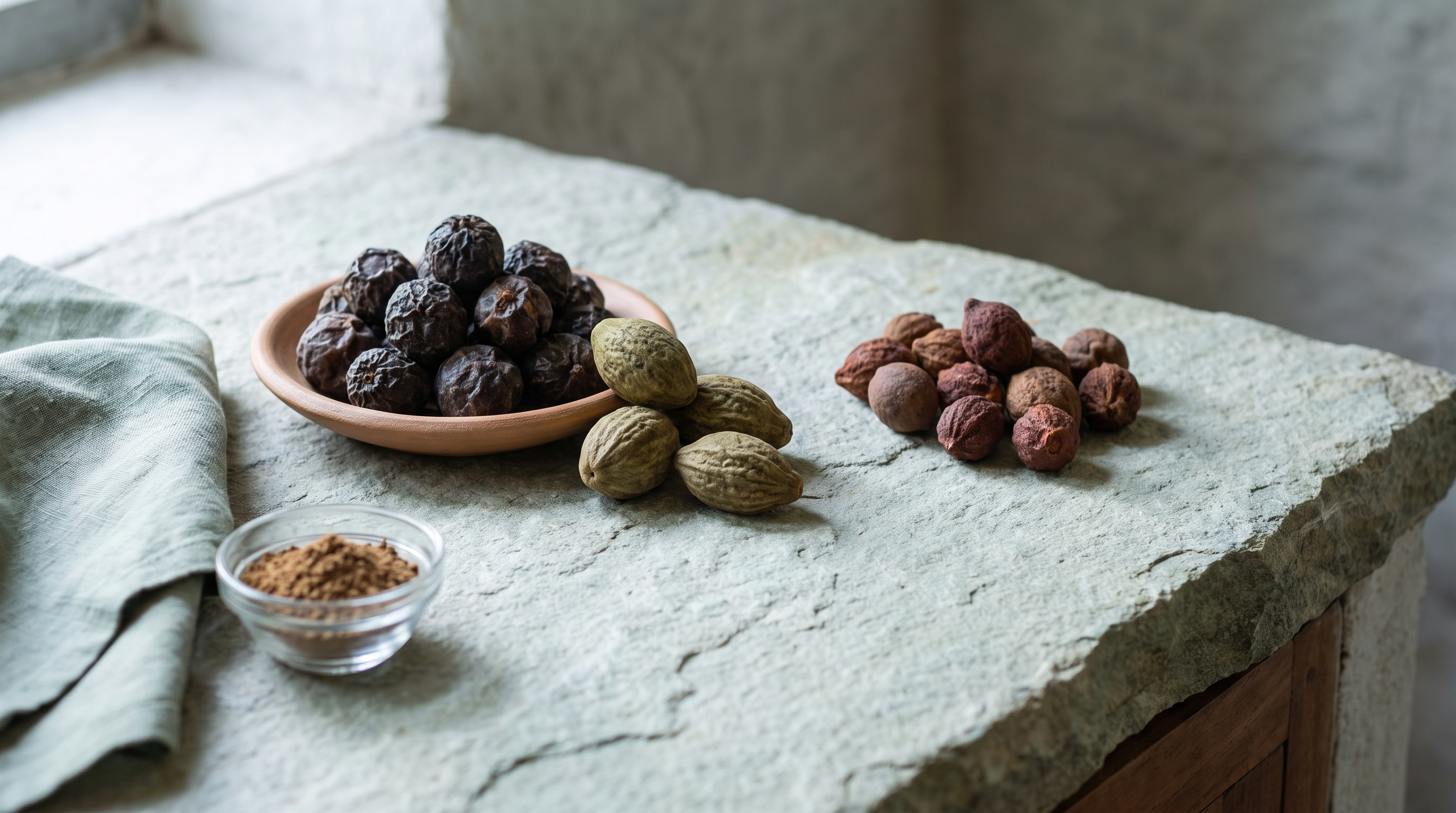 Dried amla, haritaki and bibhitaki fruits in three separate groups on a pale stone kitchen surface beside a small glass bowl of Triphala powder