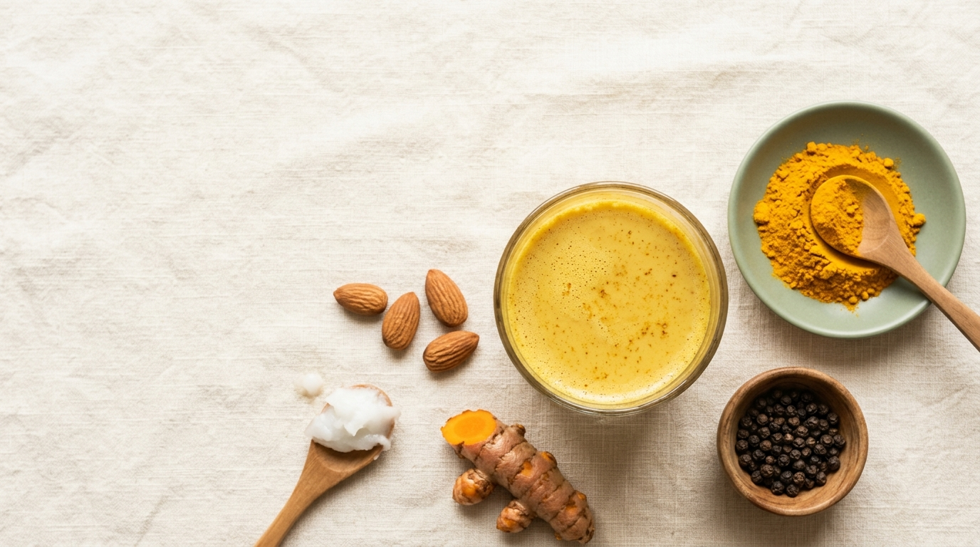 Overhead flat-lay of golden turmeric milk with turmeric powder, black peppercorns, almonds and coconut on cream linen