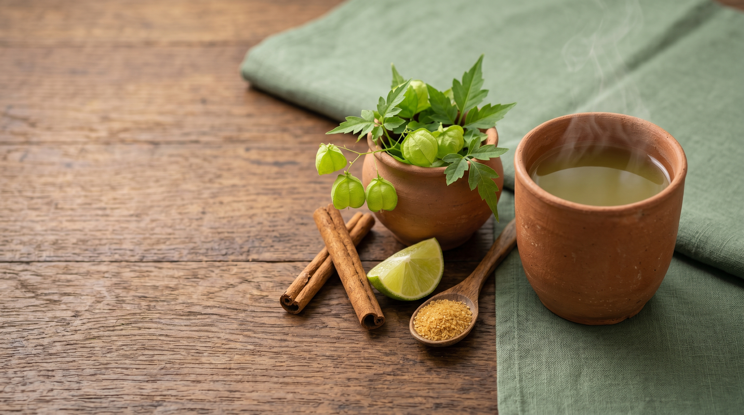 A clay cup of steaming pale green-gold Welpenela herbal infusion beside a clay pot of balloon vine leaves, cinnamon sticks, a lime wedge, and a wooden spoon of coconut sugar on a warm wood counter.