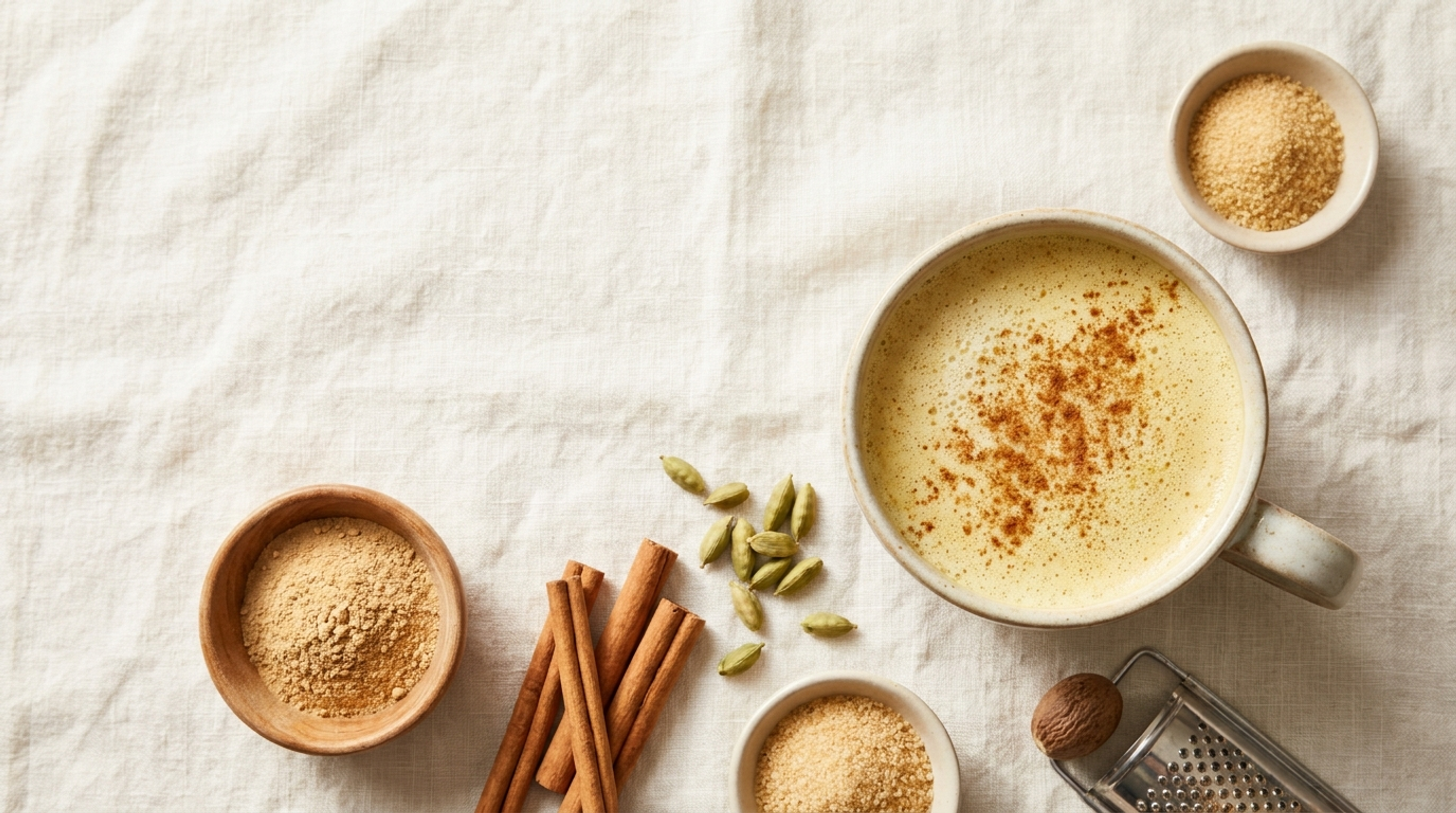An overhead flat-lay of a warm mug of golden ashwagandha moon milk dusted with cinnamon, surrounded by bowls of ashwagandha powder, cinnamon sticks, cardamom pods, coconut sugar, and a whole nutmeg.