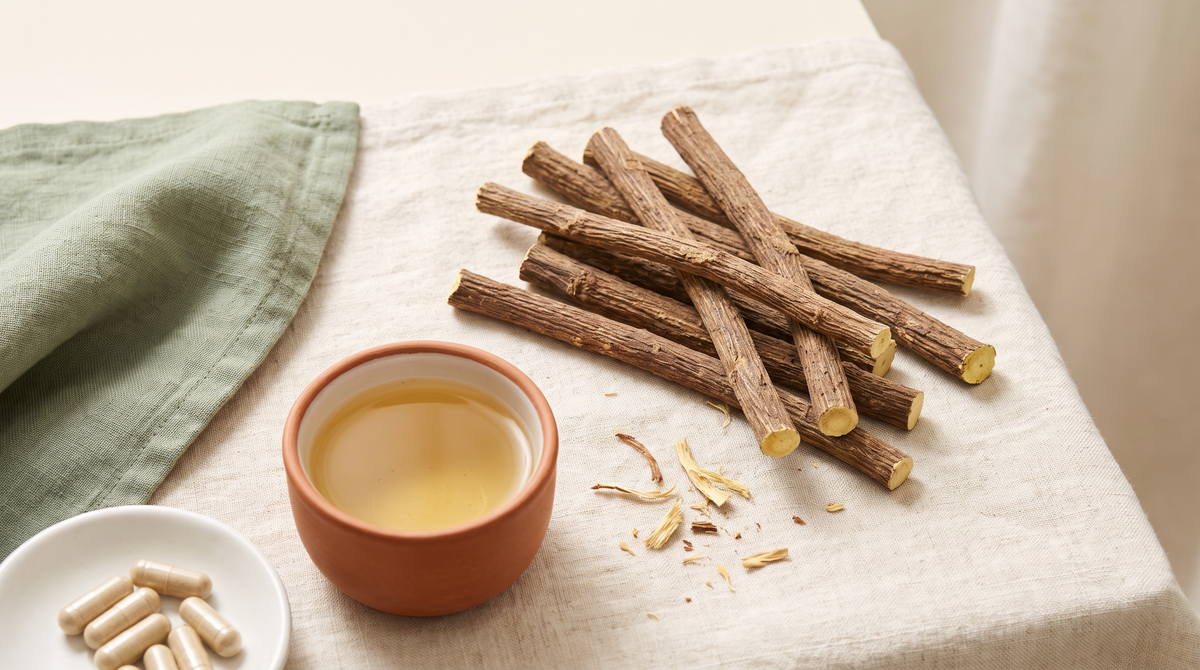 Dried valmi (licorice root) sticks on cream linen beside a small terracotta cup of pale golden tea and a dish of plain capsules.
